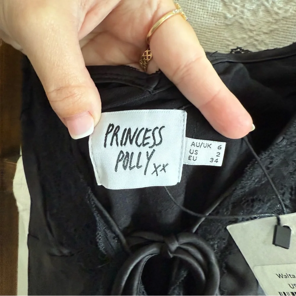 NWT Princess Polly Black Satin Lace Trim Walta Mini Dress - Picture 5 of 6